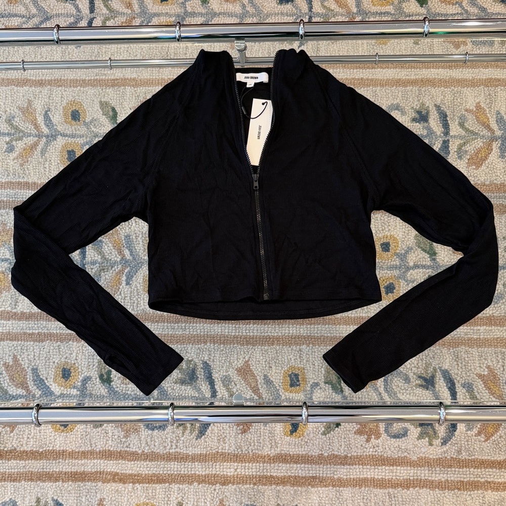 Joah Brown Black Cropped Zip-Up ribbed jacket